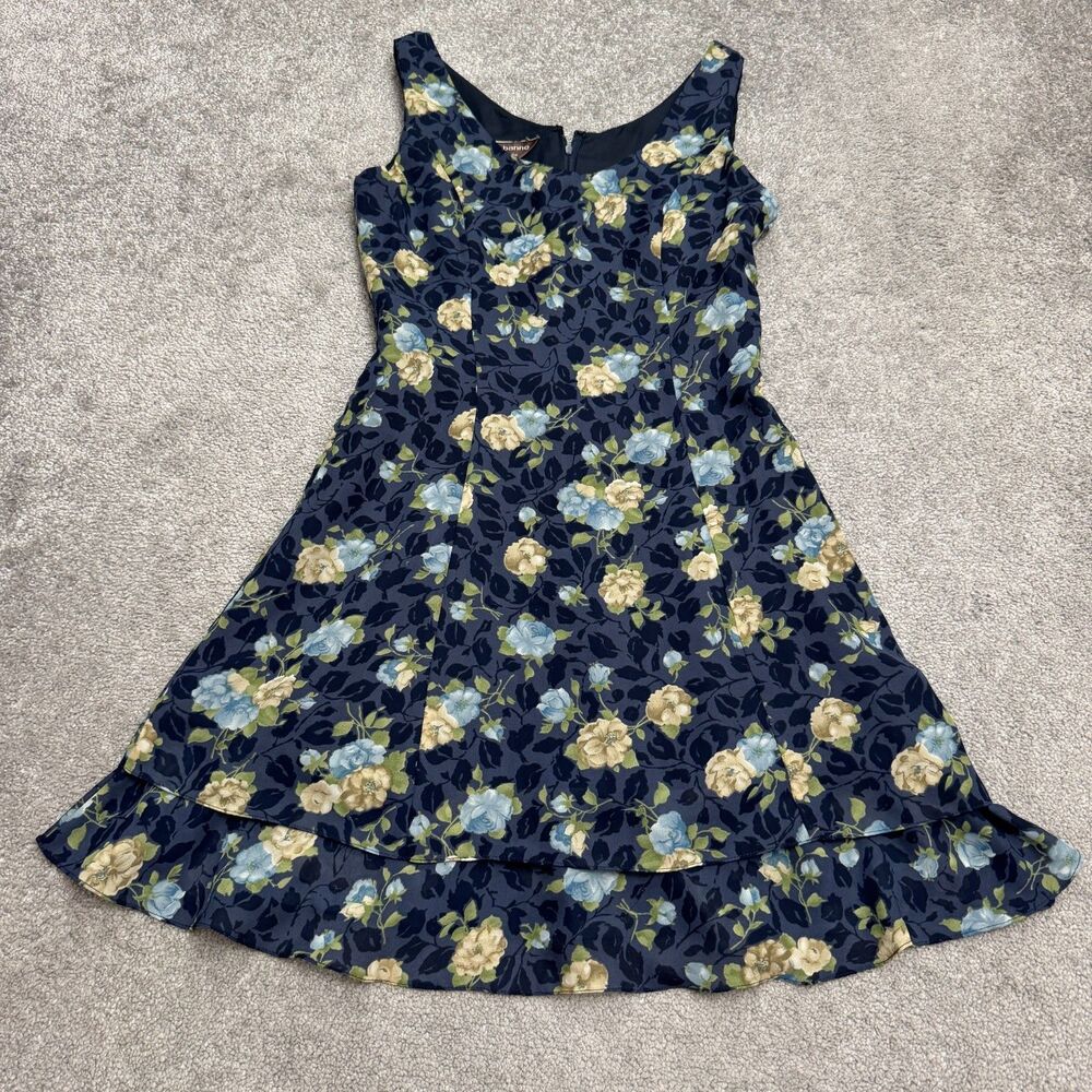 Vintage 90s Paco Rabanne Paris Floral Tiered Hem Sleeveless Dress Womens 7 Blue